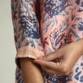 Peach - Sanganeri Block Printed Maheshwari Silk Kurta with Palazzo & Dupatta Set