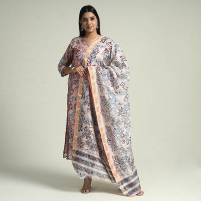 Peach - Sanganeri Block Printed Maheshwari Silk Kurta with Palazzo & Dupatta Set