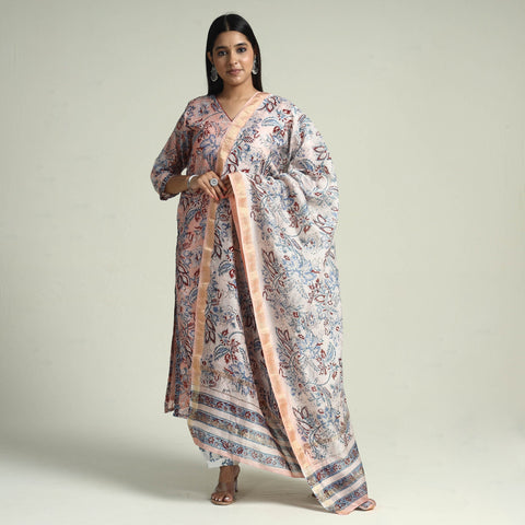 Peach - Sanganeri Block Printed Maheshwari Silk Kurta with Palazzo & Dupatta Set