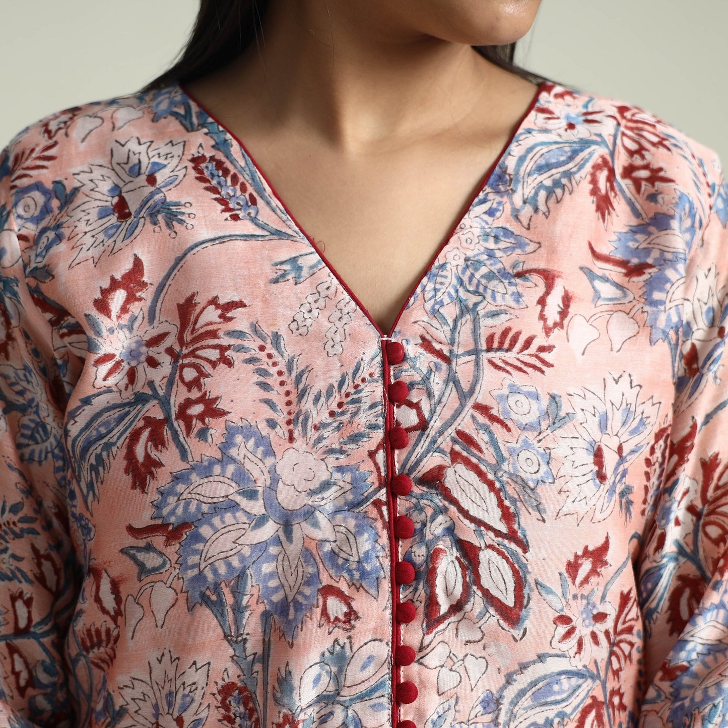 Peach - Sanganeri Block Printed Maheshwari Silk Kurta with Palazzo & Dupatta Set