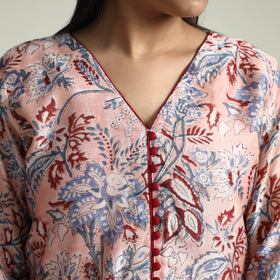 Peach - Sanganeri Block Printed Maheshwari Silk Kurta with Palazzo & Dupatta Set