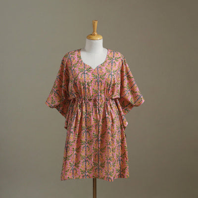 Peach Sanganeri Block Print Cotton Kaftan (Medium) 