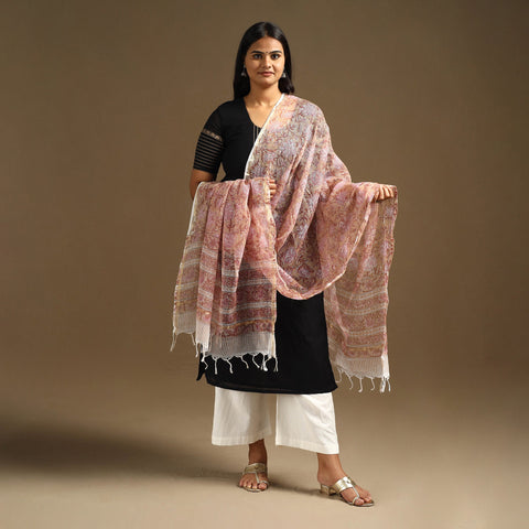 Peach Sanganeri Block Print Cotton Kota Doria Dupatta