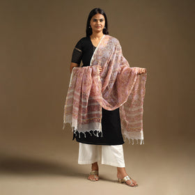 Peach Sanganeri Block Print Cotton Kota Doria Dupatta