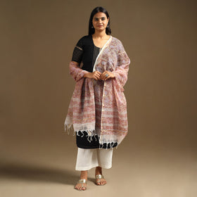 Peach Sanganeri Block Print Cotton Kota Doria Dupatta