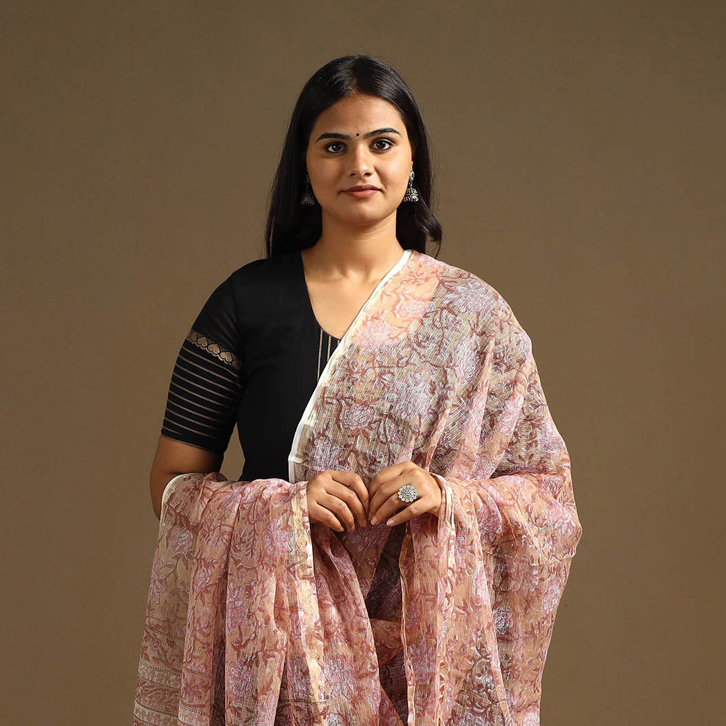 Peach Sanganeri Block Print Cotton Kota Doria Dupatta