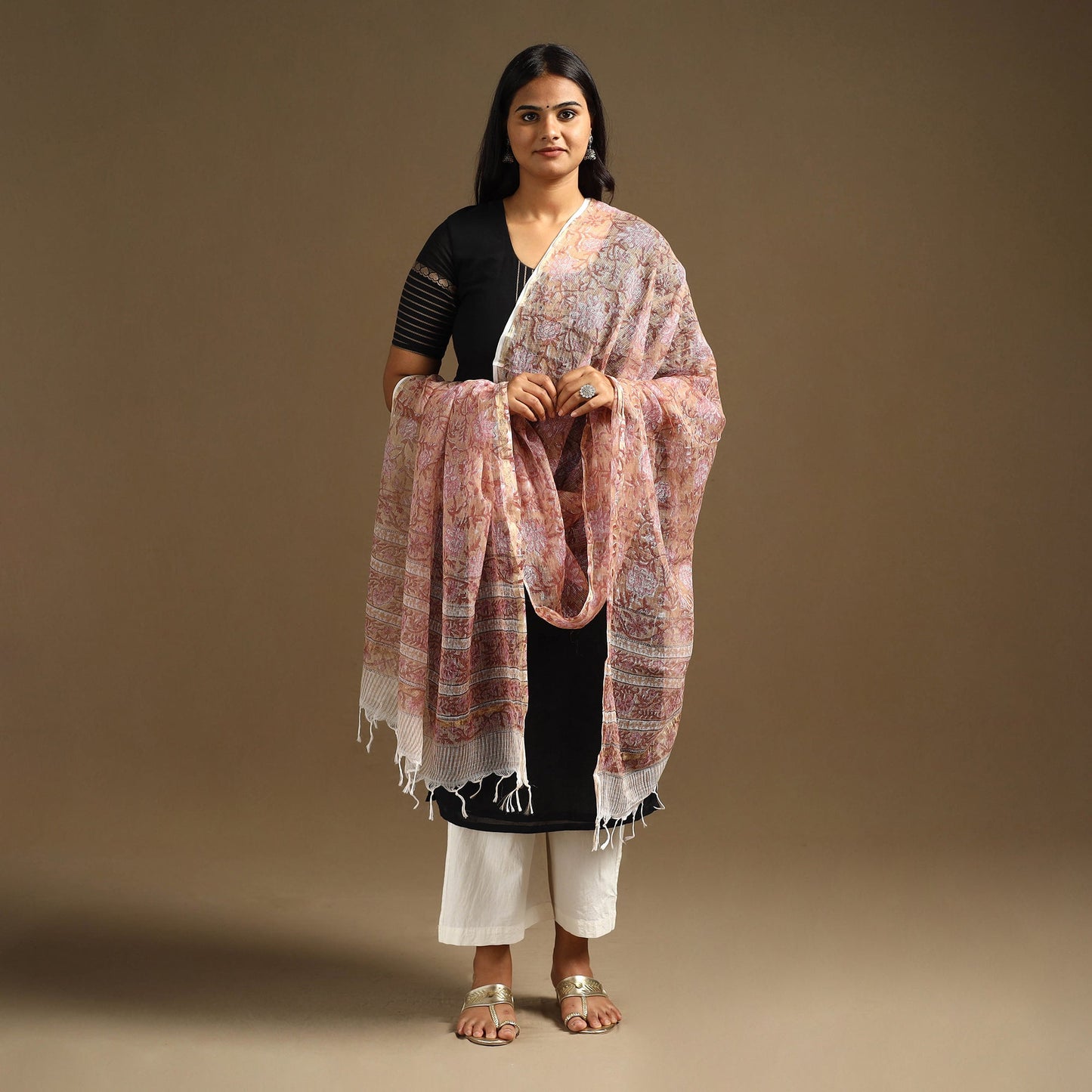 Peach Sanganeri Block Print Cotton Kota Doria Dupatta