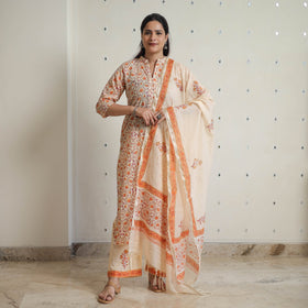 Peach - sanganeri cotton kurta suit set 01 - handcrafted