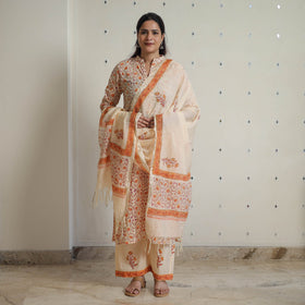 Peach - sanganeri cotton kurta suit set 01 - handcrafted