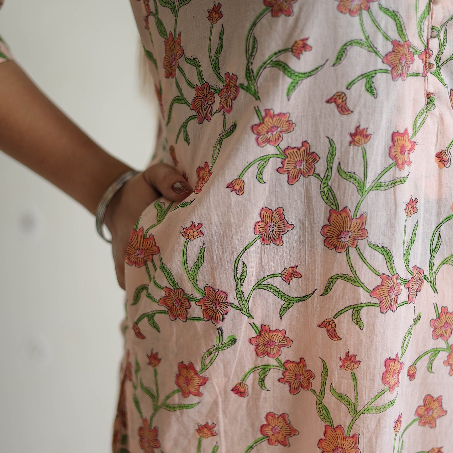 Peach - sanganeri cotton kurta suit set 09 - handcrafted