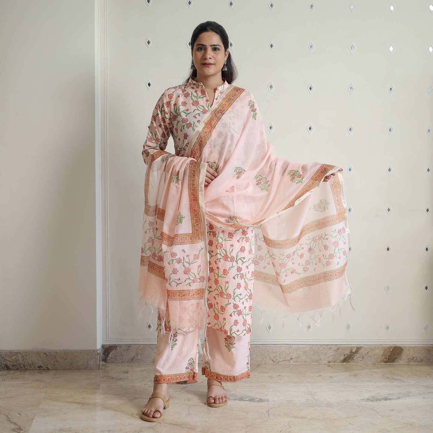 Peach - sanganeri cotton kurta suit set 09 - handcrafted