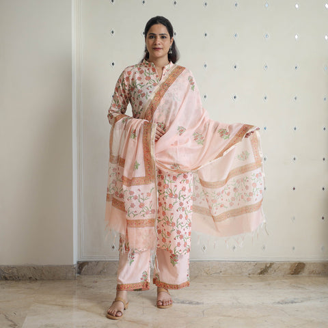 Peach - sanganeri cotton kurta suit set 09 - handcrafted