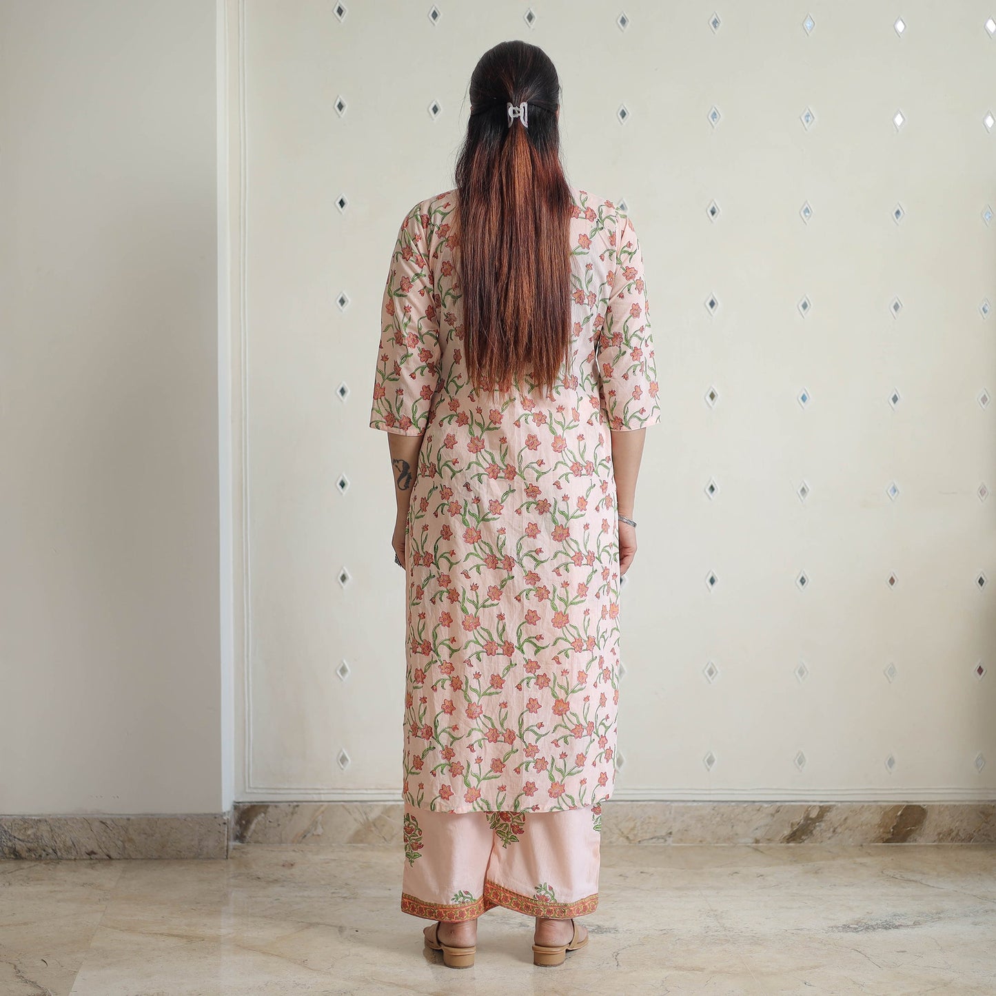 Peach - sanganeri cotton kurta suit set 09 - handcrafted