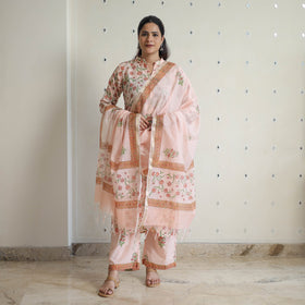 Peach - sanganeri cotton kurta suit set 09 - handcrafted