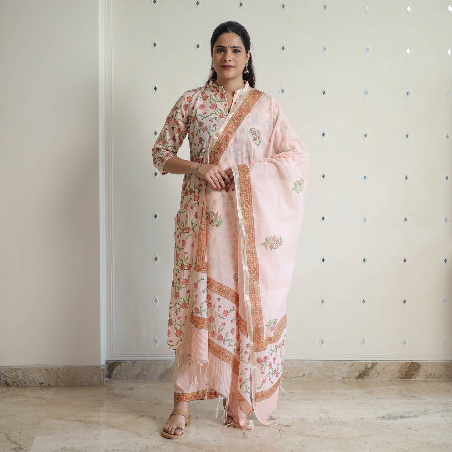 Peach - sanganeri cotton kurta suit set 09 - handcrafted