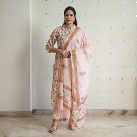 Peach - sanganeri cotton kurta suit set 09 - handcrafted
