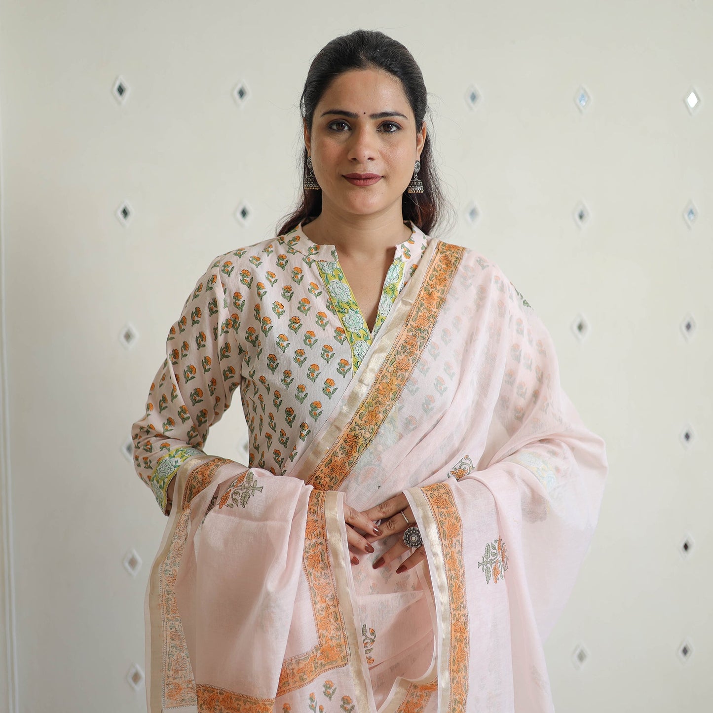 Peach - sanganeri cotton kurta suit set 11 - handcrafted