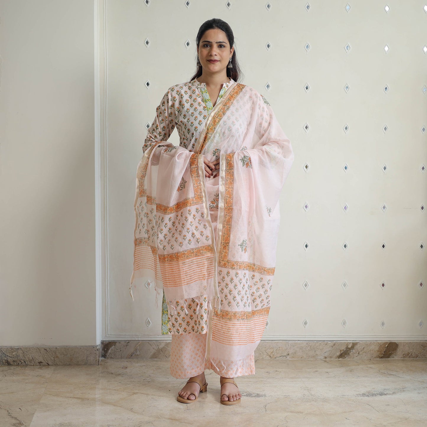 Peach - sanganeri cotton kurta suit set 11 - handcrafted