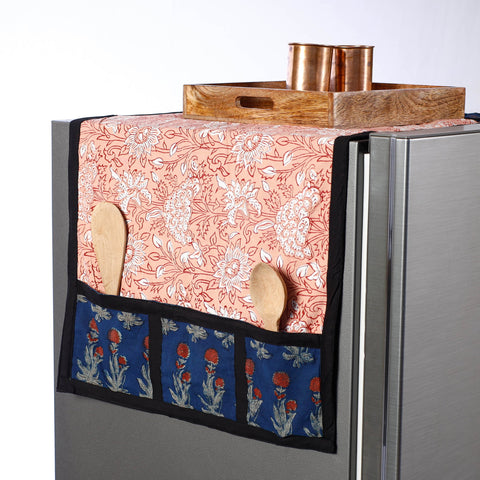 Peach Sanganeri Block Printed Cotton Fridge Top Cover with Multiple Pockets 