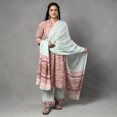  Sanganeri Block Printed Cotton Kurta with Palazzo & Dupatta Set Online at iTokri.com