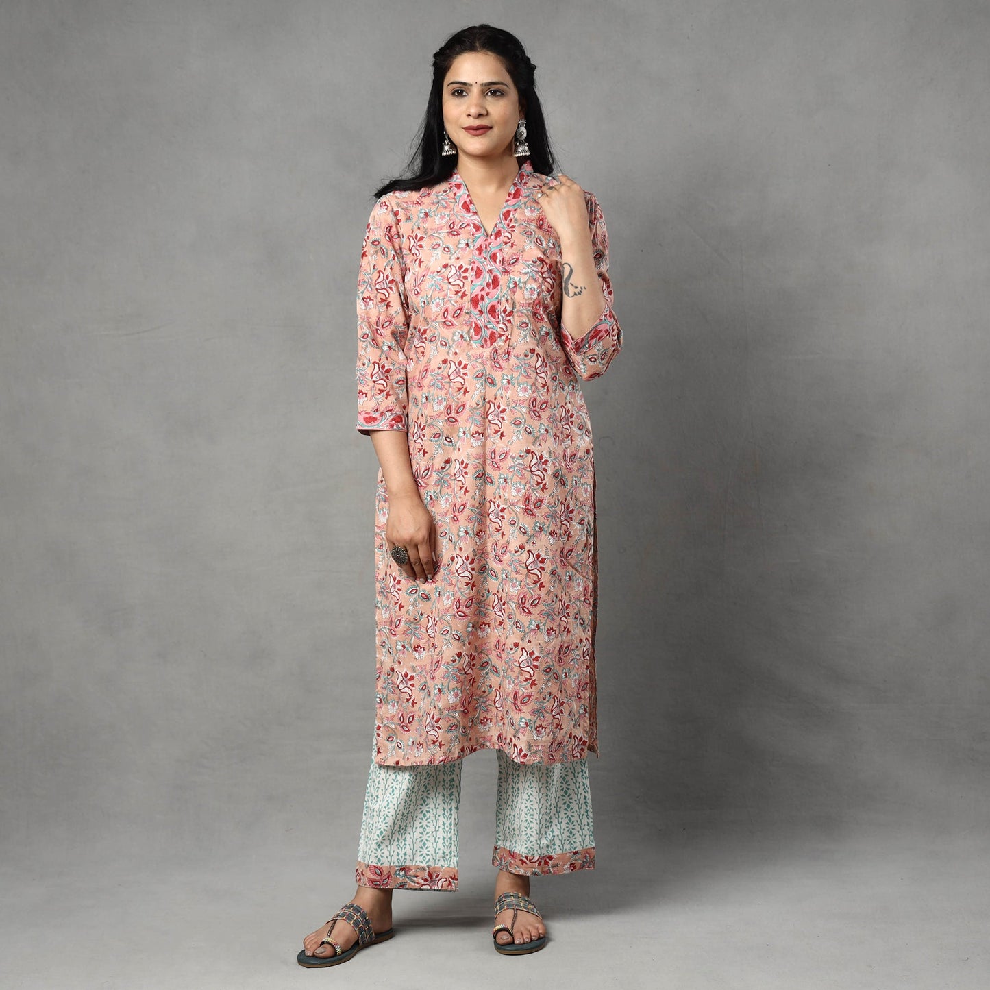  Sanganeri Block Printed Cotton Kurta with Palazzo & Dupatta Set Online at iTokri.com