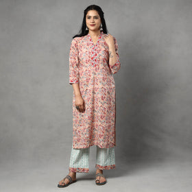  Sanganeri Block Printed Cotton Kurta with Palazzo & Dupatta Set Online at iTokri.com