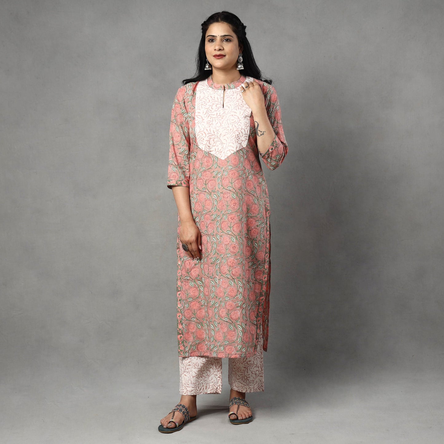 Buy Sanganeri Block Printed Cotton Kurta with Palazzo & Dupatta Set Online at iTokri.com