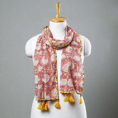  Sanganeri Block Printed Cotton Stole with Tassels 