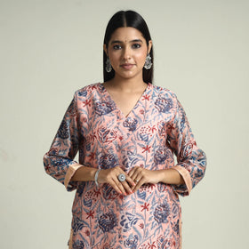 Peach - Sanganeri Block Printed Maheshwari Silk Kurta with Palazzo & Dupatta Set