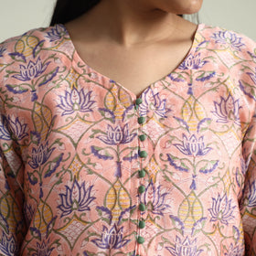 Peach Sanganeri Block Printed Maheshwari Silk Kurta with Palazzo & Dupatta Set 