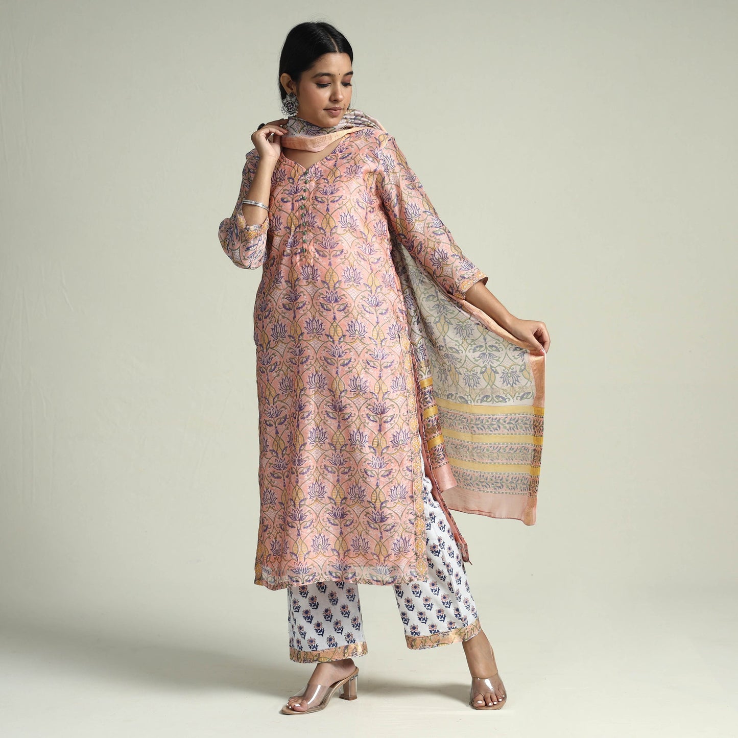 Peach Sanganeri Block Printed Maheshwari Silk Kurta with Palazzo & Dupatta Set 