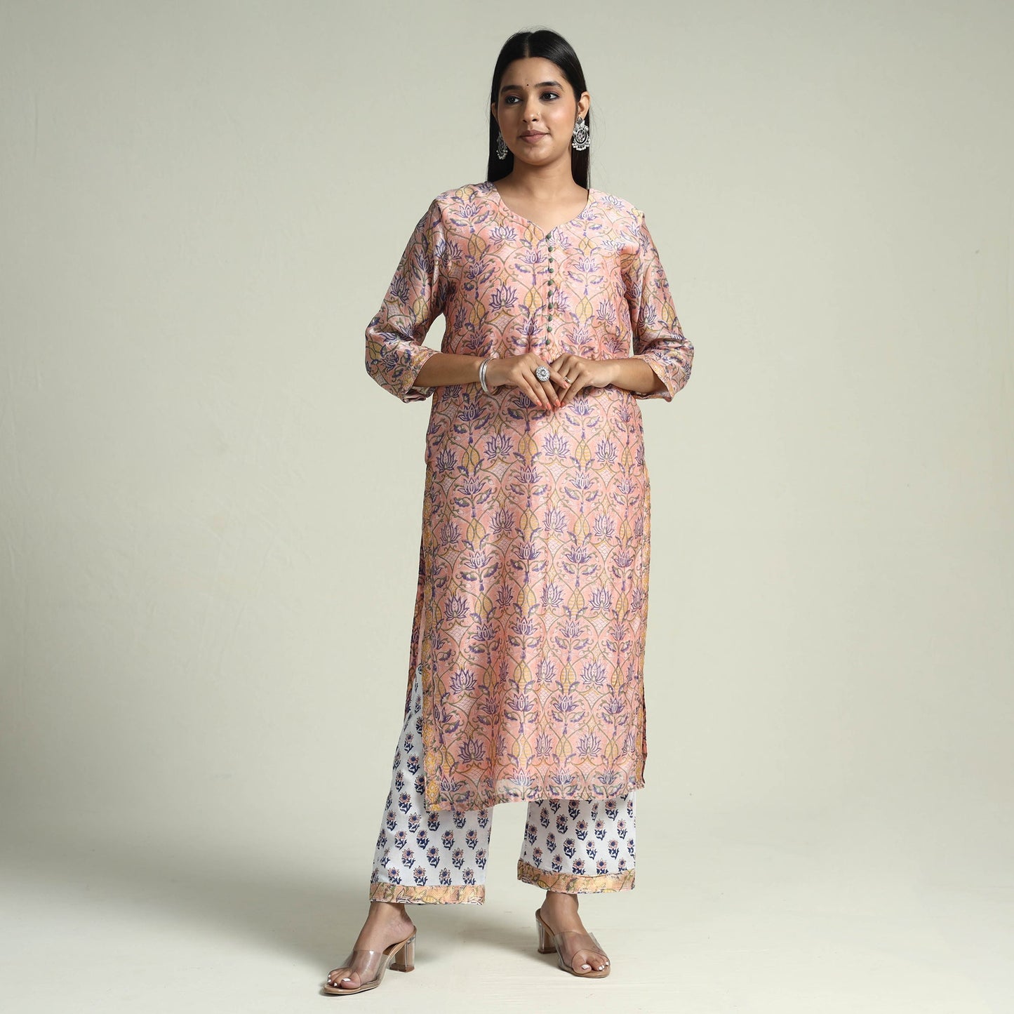 Peach Sanganeri Block Printed Maheshwari Silk Kurta with Palazzo & Dupatta Set 