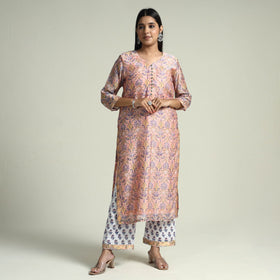 Peach Sanganeri Block Printed Maheshwari Silk Kurta with Palazzo & Dupatta Set 