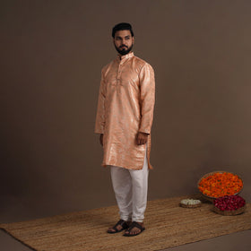 Peach Semi Silk Brocade Banarasi Men Kurta
