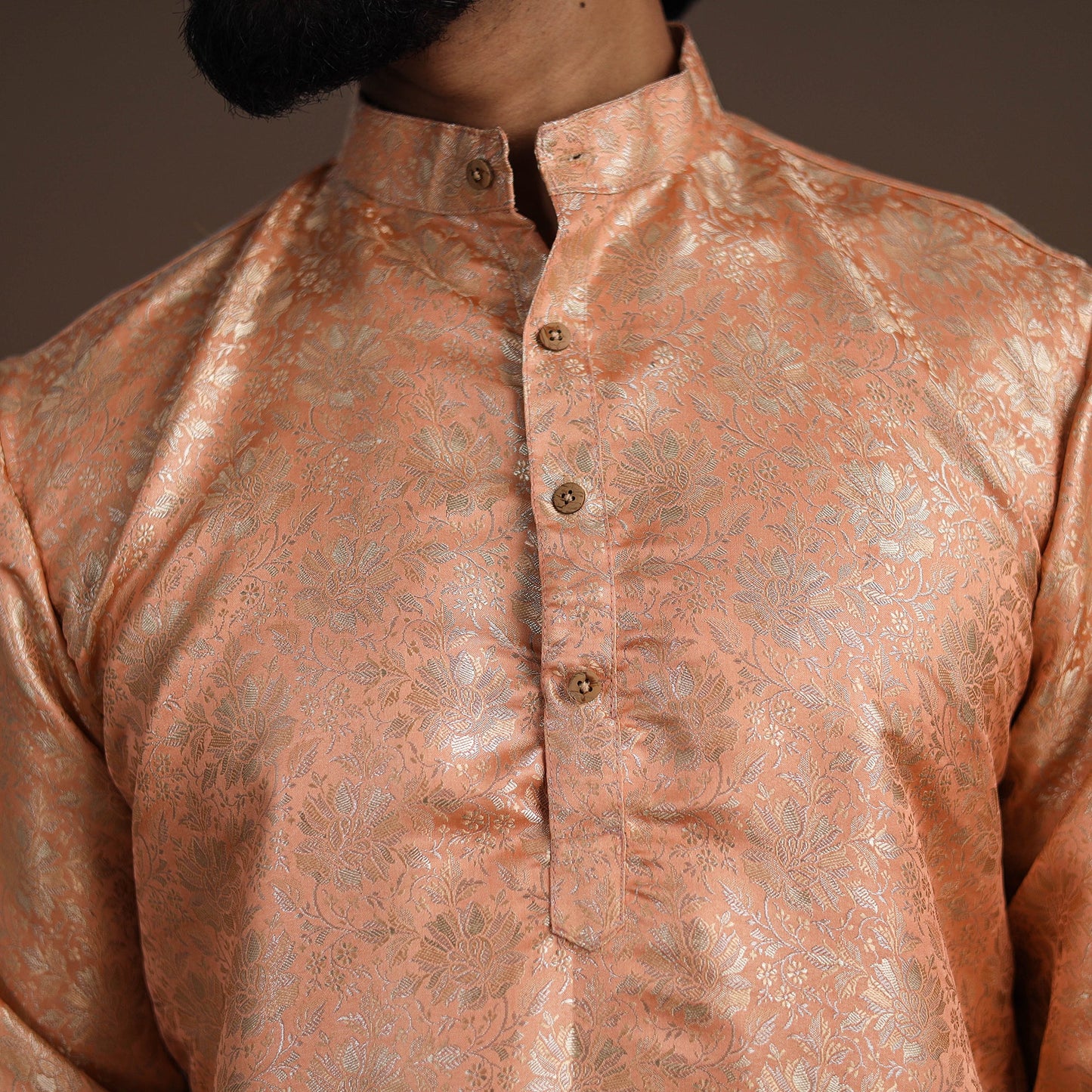 Peach Semi Silk Brocade Banarasi Men Kurta