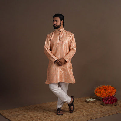 Peach Semi Silk Brocade Banarasi Men Kurta