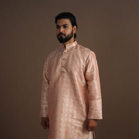 Peach Semi Silk Brocade Banarasi Men Kurta
