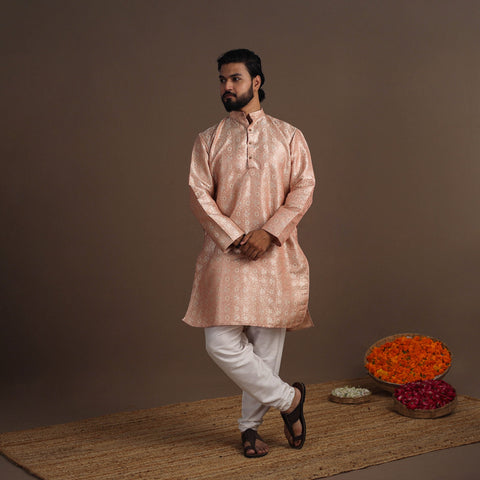 Peach Semi Silk Brocade Banarasi Men Kurta