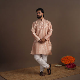 Peach Semi Silk Brocade Banarasi Men Kurta