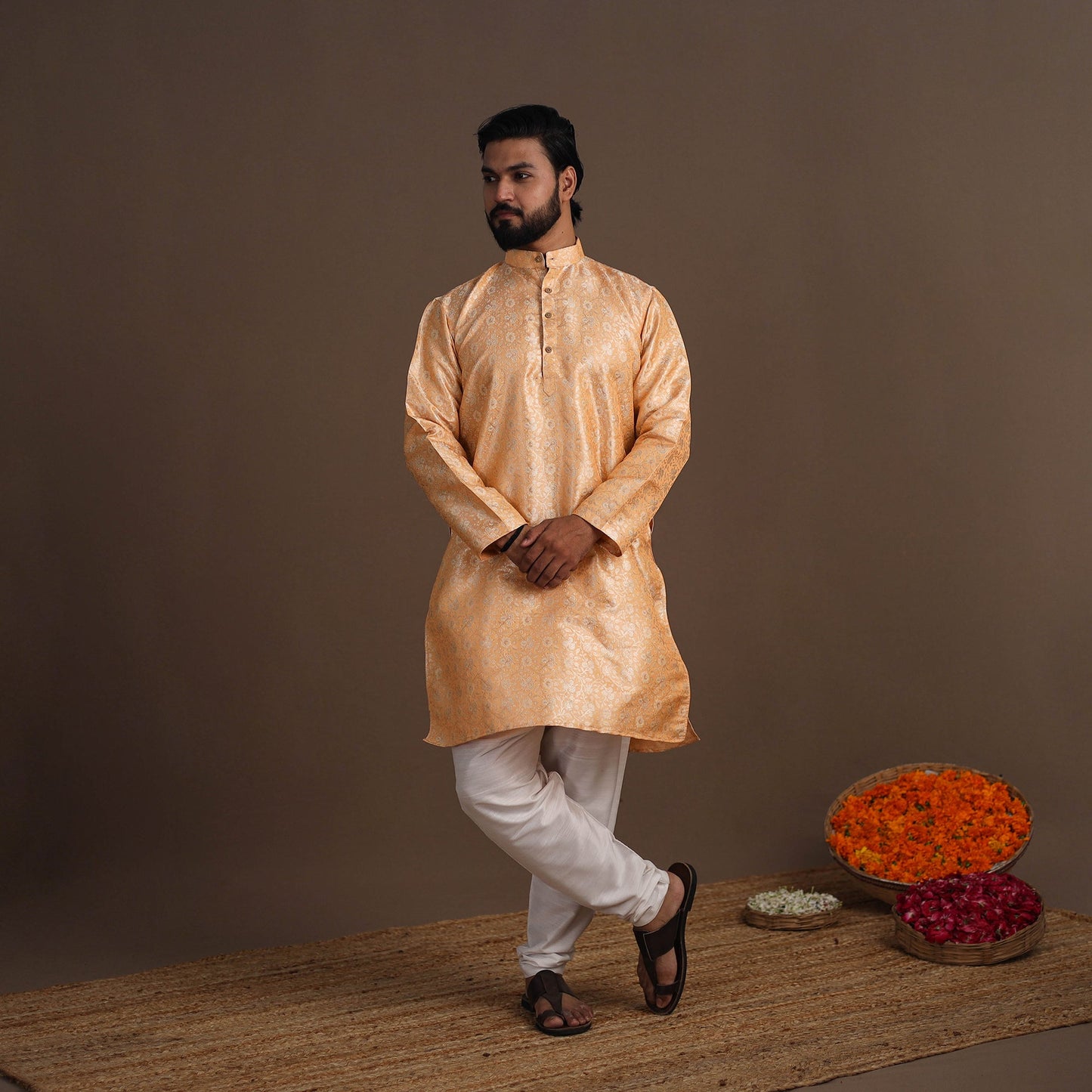 Peach Semi Silk Brocade Banarasi Men Kurta