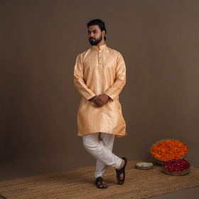 Peach Semi Silk Brocade Banarasi Men Kurta