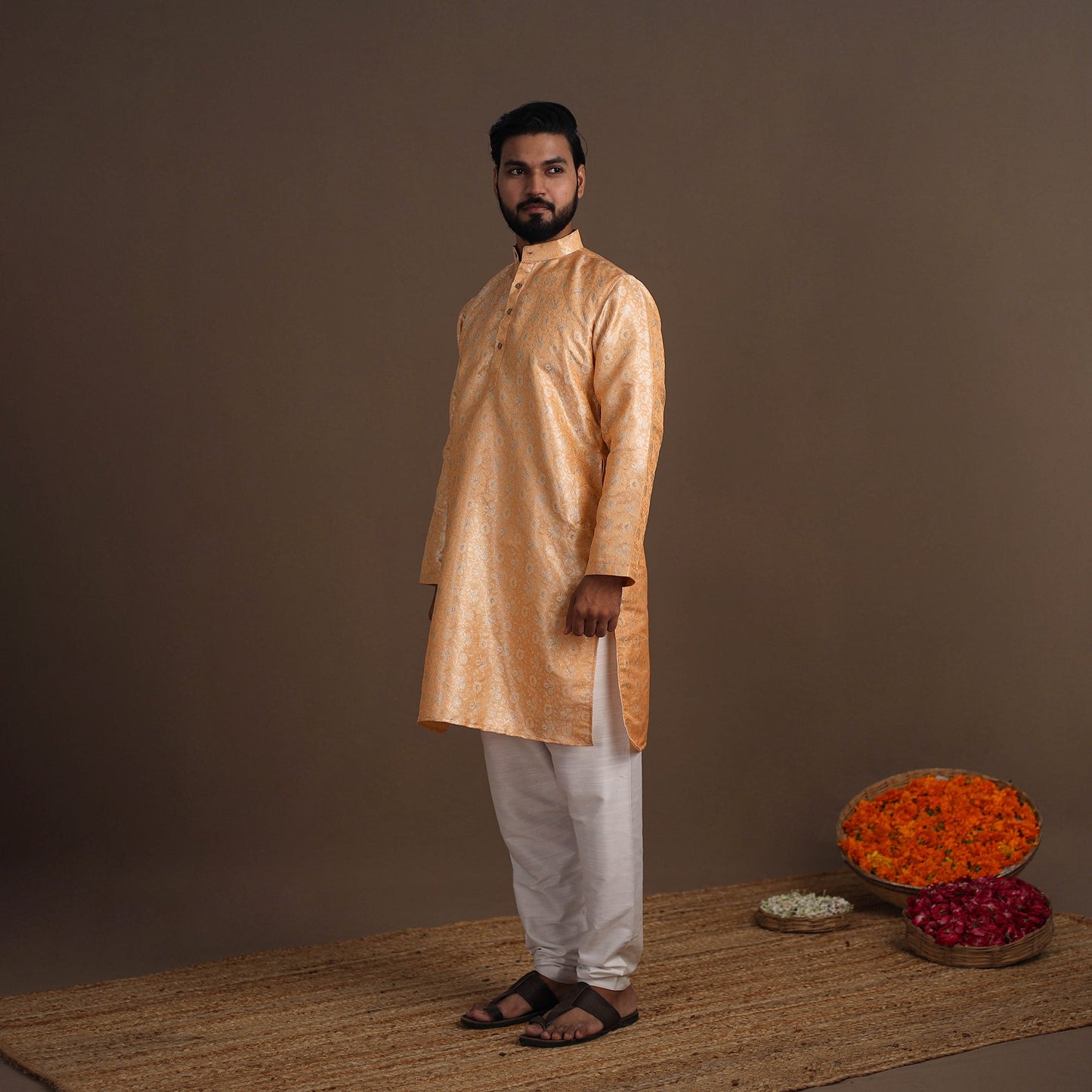 Peach Semi Silk Brocade Banarasi Men Kurta