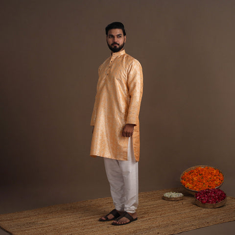 Peach Semi Silk Brocade Banarasi Men Kurta
