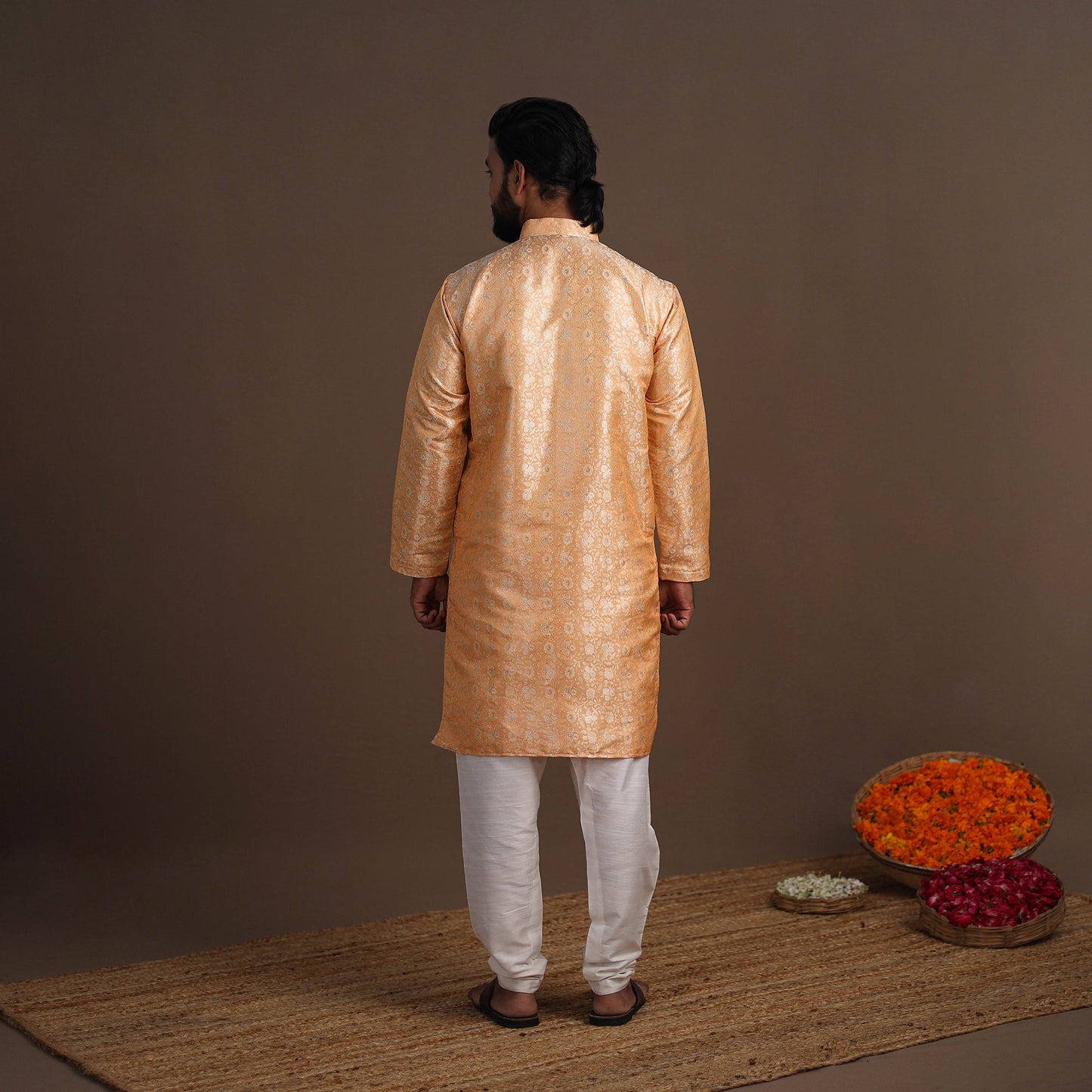 Peach Semi Silk Brocade Banarasi Men Kurta