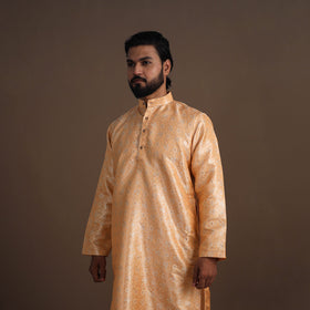Peach Semi Silk Brocade Banarasi Men Kurta