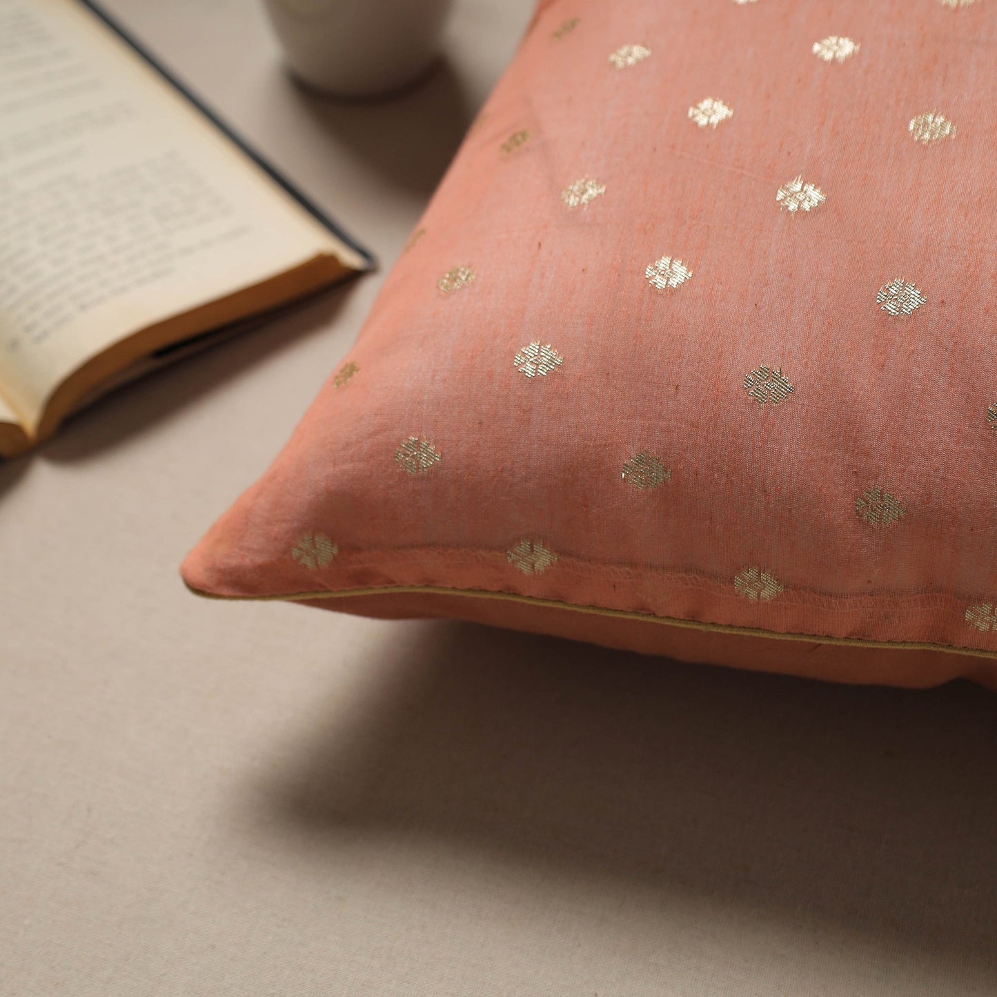 Peach - silk banarasi cushion cover with zari work 01