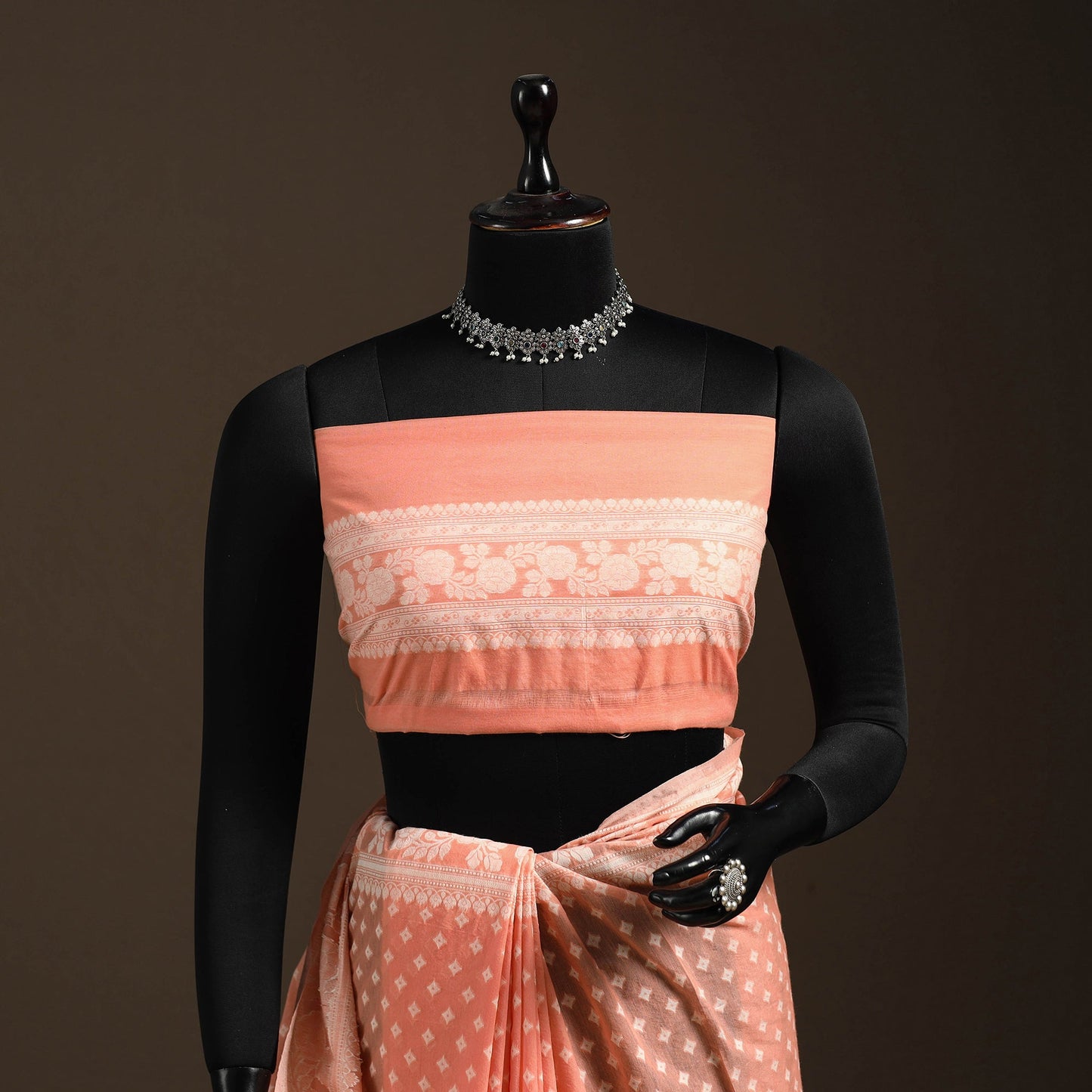 Peach - silk cotton cutwork buti banarasi saree 56