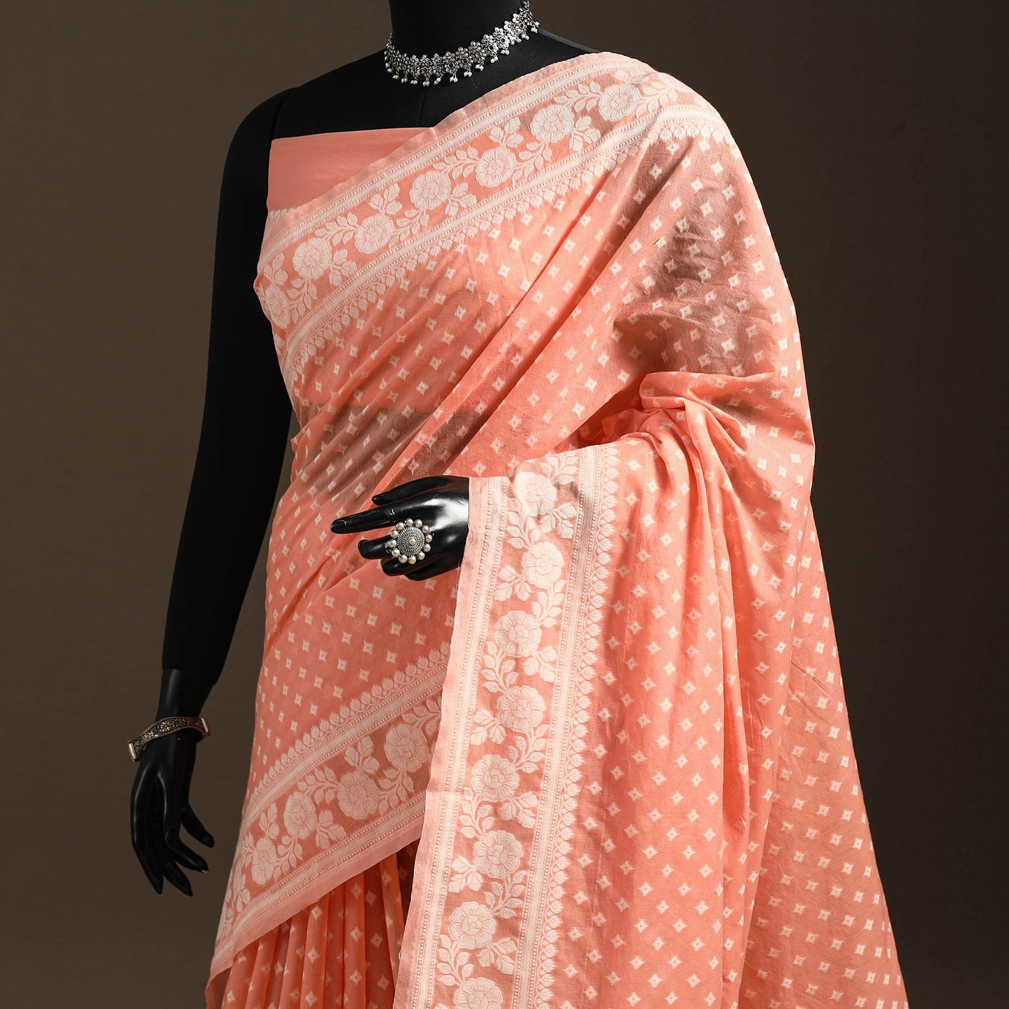 Peach - silk cotton cutwork buti banarasi saree 56