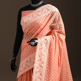 Peach - silk cotton cutwork buti banarasi saree 56