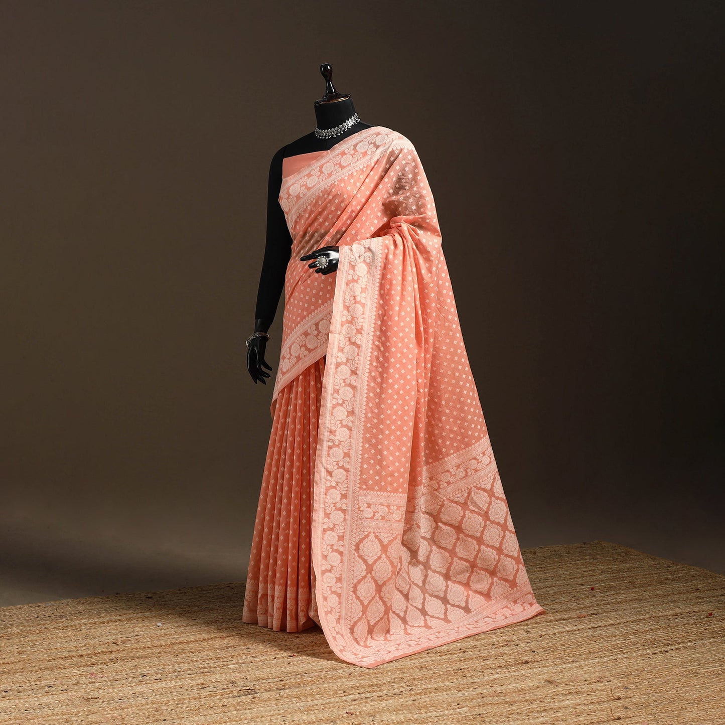 Peach - silk cotton cutwork buti banarasi saree 56